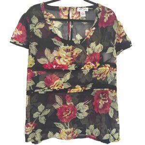 Ultra Pink Womens Puff Sleeve Floral Pleated Sheer Top Sz 2X Dark Fairy Romantic